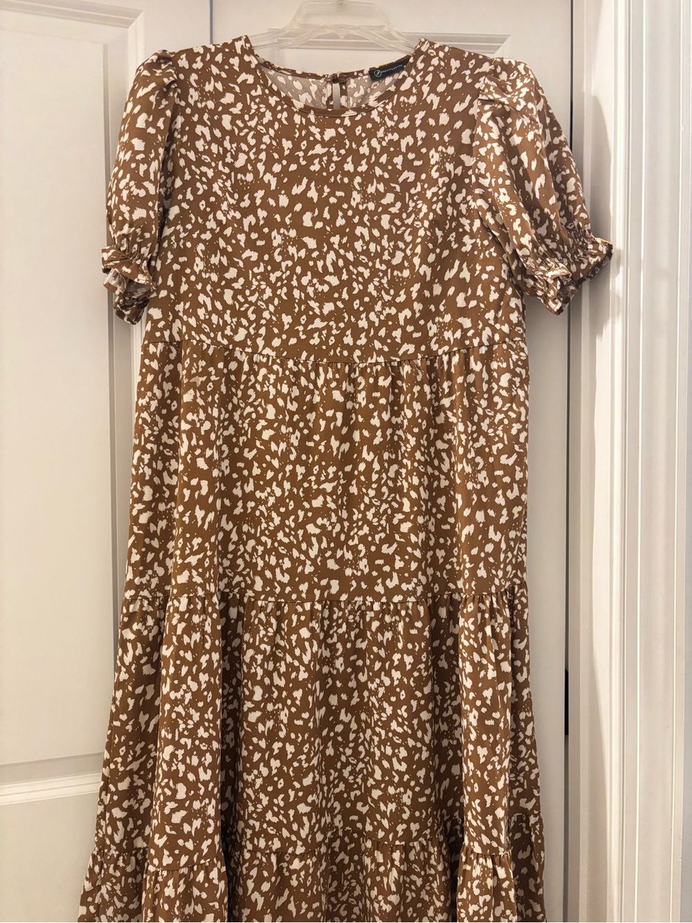Brown and White Printed Maxi Dress - Women's Tiered Short Sleeve